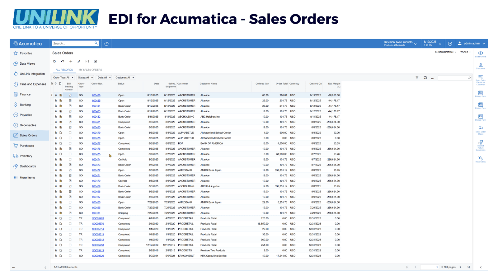 Sales Orders in Acumatica ERP with UniLink's EDI integration